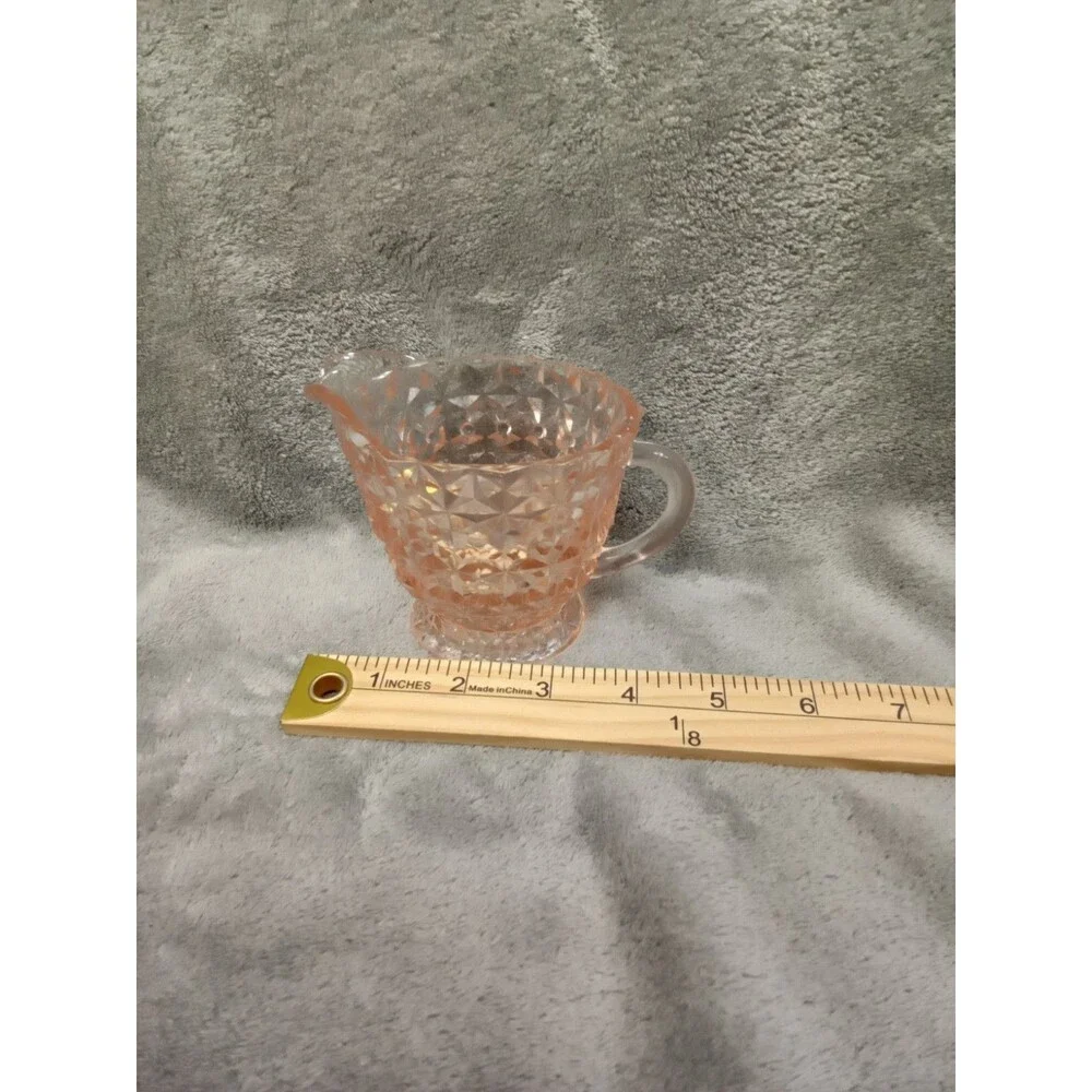 Vintage Pink Glass Creamer, Jeanette, Holiday Pink/Buttons and Bows,‎ 3.5” tall